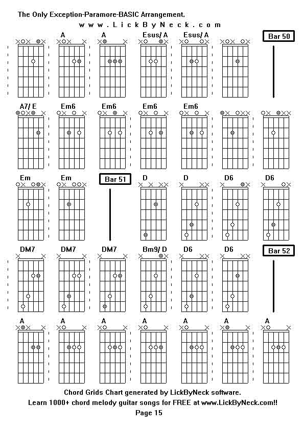 Chord Grids Chart of chord melody fingerstyle guitar song-The Only Exception-Paramore-BASIC Arrangement,generated by LickByNeck software.